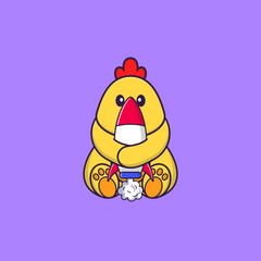 Cute chicken holding a rocket. Animal cartoon concept isolated. Can used for t-shirt, greeting card, invitation card or mascot. Flat Cartoon Style
