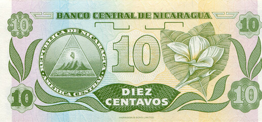 paper money banknote bill of Nicaragua 10 centavo, circa 1991