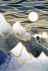 Abstract mountains with sun and clouds in japanesse style. Gold, mural and watercolor texture mountain. Picture for wallpaper and background
