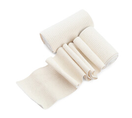 Medical bandage rolls on white background, above view