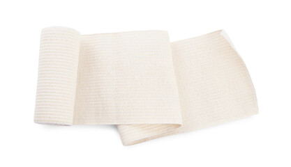 Medical bandage roll on white background, top view