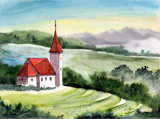 Fototapeta na wymiar Watercolor illustration of a cottage with a red roof and a turret on a sun-drenched green hill surrounded by trees, distant fields and mountains in the background
