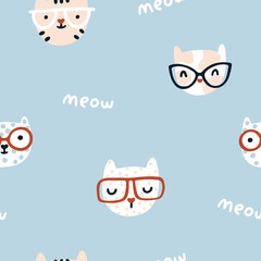Cat seamless pattern. Cute kittens with glasses. Nursery characters in a simple hand-drawn naive cartoon Scandinavian style. Pastel palette. Blue background. For baby fabrics, textiles, T-shirts