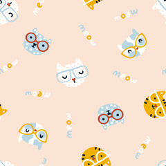 Cat seamless pattern. Cute kittens with glasses. Nursery characters in a simple hand-drawn naive cartoon Scandinavian style. Pastel palette. Beige background. For baby fabrics, textiles, T-shirts