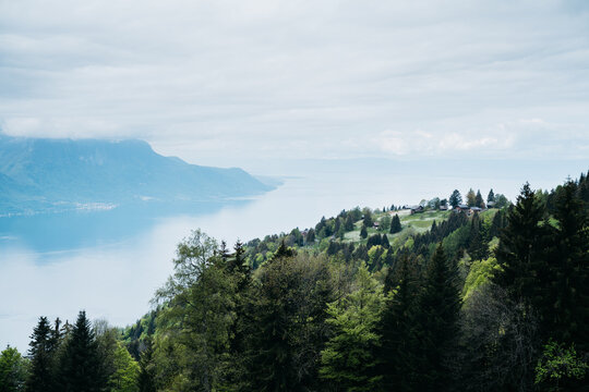 A scenic view to Lake Geneva from Caux in Montreux, Switzerland