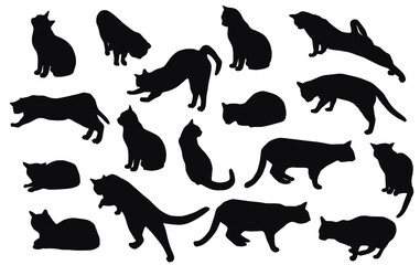 Collection of vector silhouettes of cats in different poses, sitting, standing, jumping, black color, isolated on a white background