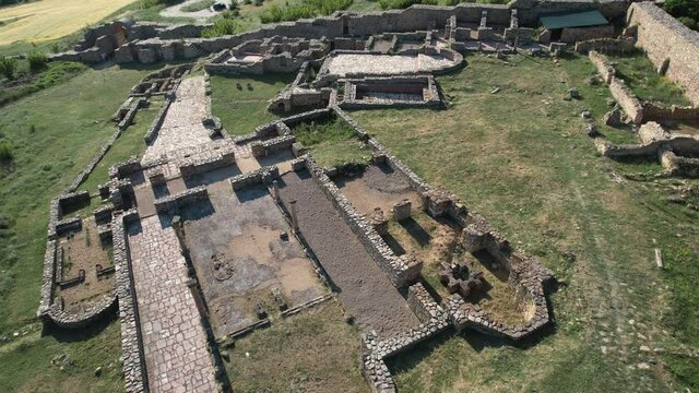 Aerial view of archaeological site, ruins of ancient town and church basilica, Bargala, Stip, Macedonia