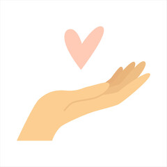 The heart above the open palm. The hand is turned palm up. A symbol of love, peace, faith, and goodness. A romantic sign. Gentle vector illustration.