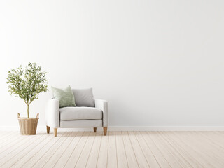 Traditional living room interior mockup with grey armchair and green pillow standing by olive tree in wicker basket on empty white wall background. 3d rendering, illustration