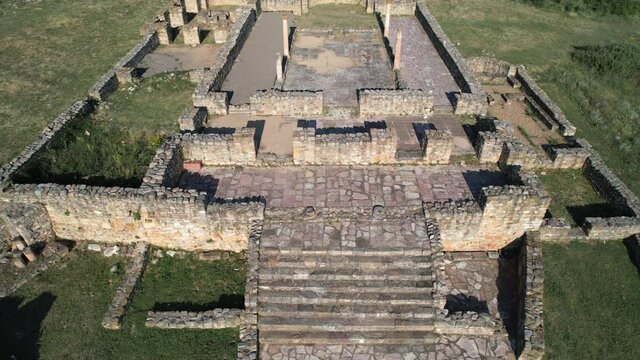 Aerial view of archaeological site, ruins of ancient town and church basilica, Bargala, Stip, Macedonia