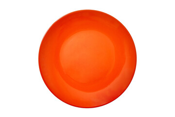 An empty large round ceramic plate of bright orange color for food on a white isolated background is photographed from the top view. Concept layout for labeling and food placement. Mockup.