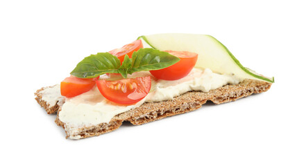 Fresh rye crispbread with cream cheese and vegetables isolated on white