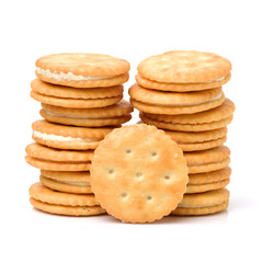 vanilla sandwich cookies on white background