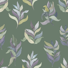 watercolor twigs with leaves of different colors on a colored  background vector seamless pattern