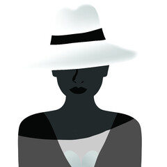 A stylish white hat casts a shadow on the face of an attractive woman.