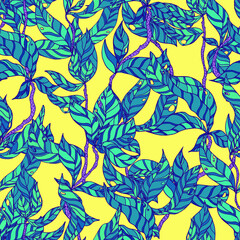 Fototapeta premium branches with striped leaves vector seamless pattern. A hedge of twigs on a colored background. Leaves with stripes and holes on the tree