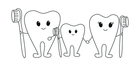 Healthy teeth concept.Cartoon teeth with toothbrush.Vector black and white coloring page.