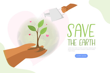 Save the earth. Hand holding Green planet with Watering can. Environment Concept. Vector flat illustration