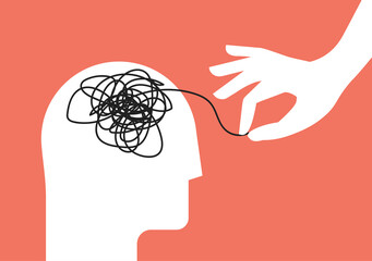 Psychologic therapy session concept with human head silhouette and helping hand unravels the tangle of messy thoughts with mental disorder, anxiety and confusion mind or stress. Vector illustration