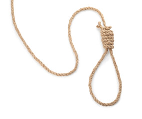 Rope noose with knot on white background, top view