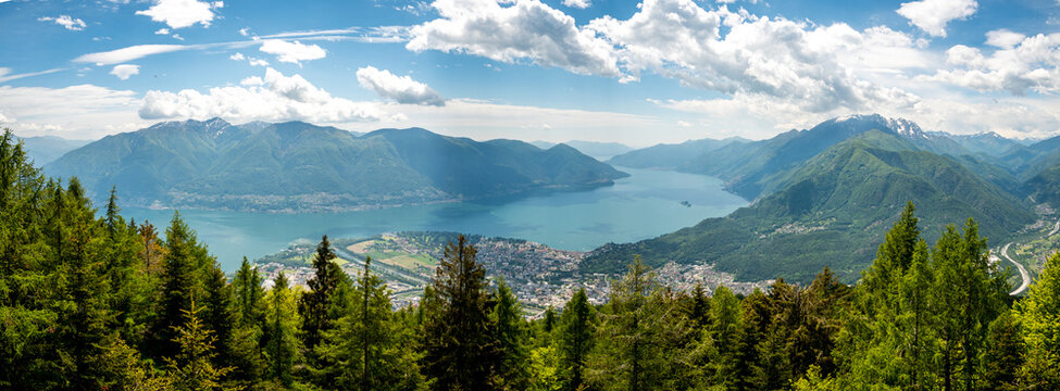 beautiful view down on Lago Maggiore from Cimetta in Locarno in Ticino Switzerland
