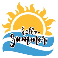 vector hello summer text with sun and ocean symbols