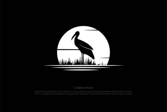 Retro Sunset Sunrise with Stork Heron Egret Ibis Flamingo Logo Design Vector
