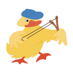 Sigle funny duckling in a cap with a slingshot. Happy playful yellow baby duck. Hand-drawn cartoon character, flat style. Young pet, bird. For a child, illustration, coloring. For print, internet.