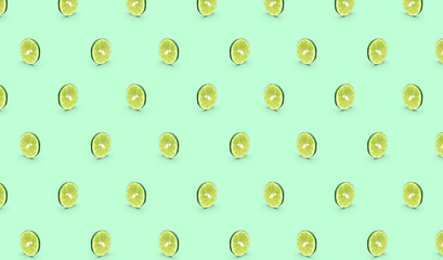 Seamless standing lime slice repeating pattern. Standing and turned lime on a green background. 3D rendering