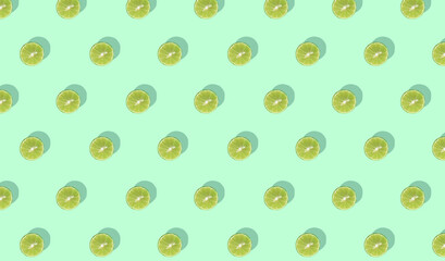 Seamless lime slice repeating pattern. Strong shadow lime on green background. 3D rendering