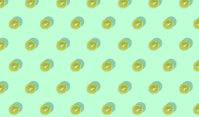 Seamless lime slice repeating pattern. Strong shadow lime on green background. 3D rendering