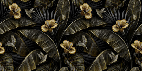 Tropical exotic vintage seamless pattern with gold hibiscus, colibri, banana leaves, palm leaves, colocasia. Hand-drawn 3D illustration. Good for production wallpapers, cloth, fabric printing, goods.
