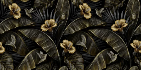 Tropisches exotisches nahtloses Muster der Weinlese mit Goldhibiscus, colibri, Bananenblättern, Palmblättern, Colocasia. Handgezeichnete 3D-Illustration. Gut für die Produktion von Tapeten, Stoff, Stoffdruck, Waren. © alenarbuz