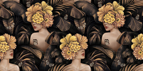 Tropical exotic golden seamless pattern. Beautiful women, hibiscus flowers bouquets, plumeria, monstera, palm, banana leaves, butterflies, jungle. Hand-drawn vintage 3D illustration. Luxury wallpaper - 440430313