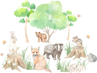 Watercolor forest glade with cute animals. Perfect for polygraphic, web, textile design and various souvenir products.