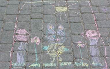 Children's drawing with chalk on the asphalt. Leisure for children