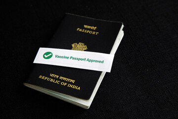 Passport of India. Vaccine passport concept, passport approval, Travel during pandemic time concept, Close up view. 