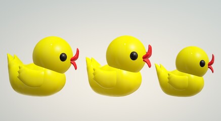 Yellow duck rubber. Children's Realistic 3d duck toy for bath procedure. Copy space. 3d illustration