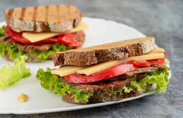 Toasted bread on a plate with beef, tomatoes and cheese