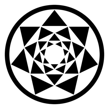 Four heptagrams, and their resulting triangle patterns, in a circle frame. Crossing points of four seven-pointed stars, placed one inside the other, forming a mandala. Modeled on a crop circle. Vector