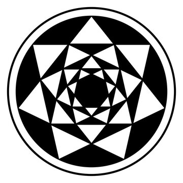 Inverted four heptagrams, and their resulting triangle patterns, in circle frame. Crossing points of seven-pointed stars placed one inside the other forming a mandala. Modeled on a crop circle. Vector