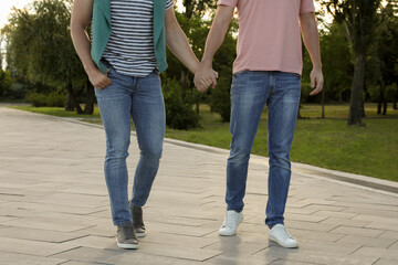 Gay couple walking outdoors on sunny day, closeup
