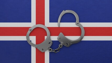 A half opened steel handcuff in center on top of the national flag of Iceland