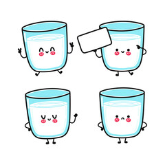 Funny cute happy glass of milk characters bundle set. Vector kawaii line cartoon style illustration. Cute glass of milk mascot character collection