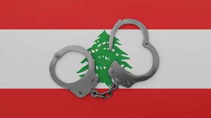 A half opened steel handcuff in center on top of the national flag of Lebanon