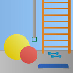 Physiotherapy room with sport equipment. Medical rehabilitation center. Vector illustration.