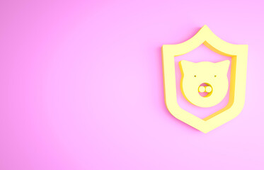 Yellow Shield with pig icon isolated on pink background. Animal symbol. Minimalism concept. 3d illustration 3D render