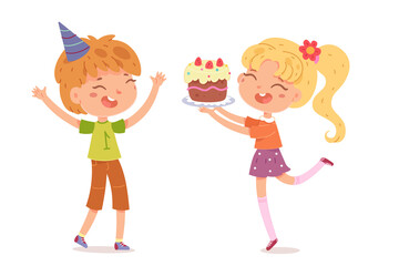 Happy birthday, kids celebrating at party with cake. Cute children having fun vector illustration. Little boy and girl smiling and jumping at event isolated on white background