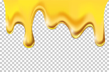 Liquid honey syrup dripping. Yellow melted sauce flowing and dropping vector illustration. Golden caramel droplets on transparent background. Delicious sweet food product
