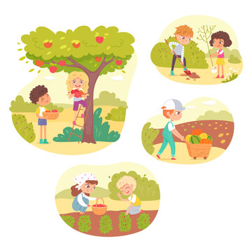 Kids working in farm or garden set. Little happy boys and girls collecting apples from tree, planting tree, taking harvest vector illustration. Group doing chores in agriculture